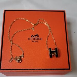 Hermes Gold Necklace with Black 'H' Pendant